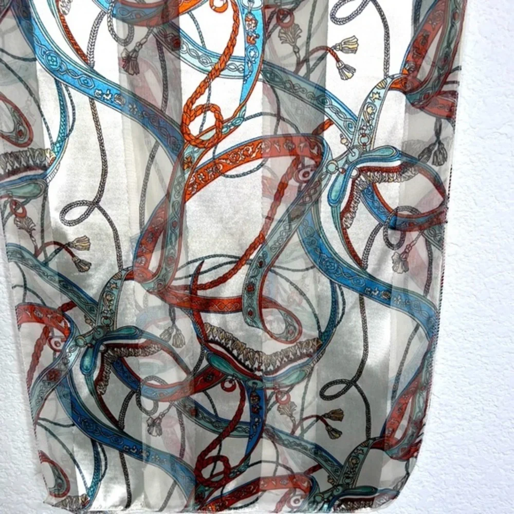 Satin & Sheer Ivory Rust & Blue Printed Scarf Ascot Hair Wrap
